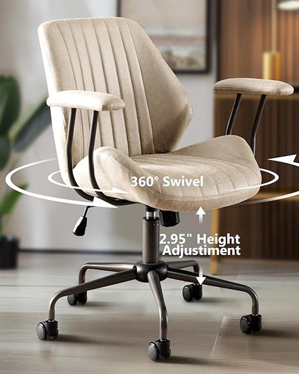 Mid Century Modren Office Chair - Fuax Leather Suede Brown Executive Chairs Ergonomic Mid Back with Lumbar Support, Swivel Computer Desk Task Chair with Wheels for Home Office (Beige, Mid Back)
