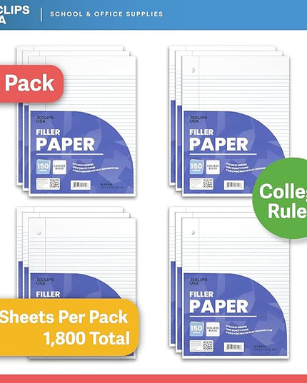 Loose Leaf Paper College Ruled Notebook Paper College Ruled Lined Writing Filler Paper 10.5” x 8” 1800 Sheets 150 Sheets Per Pack 60 gsm (12 Pack)