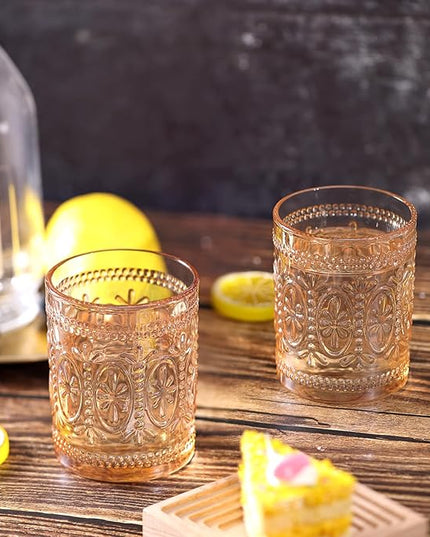 Amber Glassware set of 4, Vintage Drinking Glasses, 10oz Heavy Duty Glass Cups, Colored Glassware Set, Embossed Glasses Set for Party Wedding Home Office Gift
