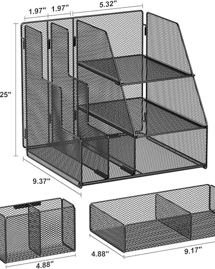 Marbrasse Desk Organizer and Accessories, 3-Tier File Organizer with Drawer and Pen Holder, Small Desktop Organizer and Storage for Workspace Office Supplies Black