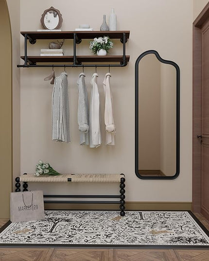 Wall Mounted Clothes Rack 12 Inch Deep, 42 Inch Heavy Duty Garment Rack with Real Walnut Wood Shelf, Multi-Purpose Hanging Rod & Space-Saving Closet Storage Organizer