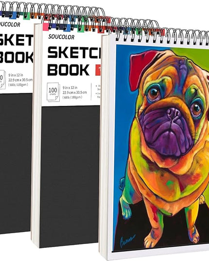 Soucolor Art and Craft Paper for Kids Adults Artists Doodles, School Projects & Home Painting, 9"x12" Bulk Sketch Books 3-Pack (100 Sheets Each) | Spiral Bound Drawing Paper Acid Free (68lb/100gsm)