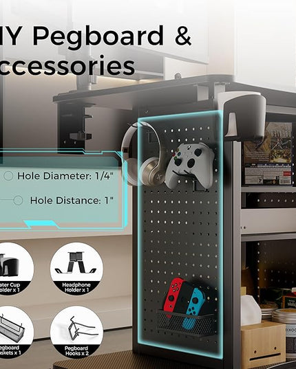 EUREKA ERGONOMIC Gaming Desk Computer, 37" Rolling Desk on Wheels for Small Space, Mobile Computer Cart with Pegboards Adjustable Shelves for Gaming PS Switch Home Office - Black