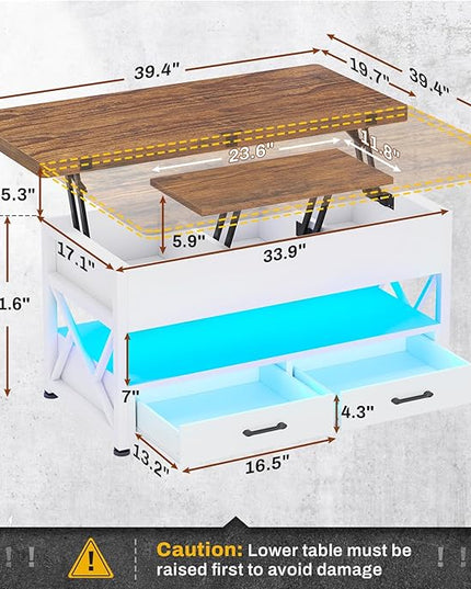 Itaar 40" Lift Top Coffee Table, 4 in 1 White Coffee Tables with Storage for Living Room, Small Coffee Table with 2 Drawers & LED Light for Dining Room, White and Rustic Brown