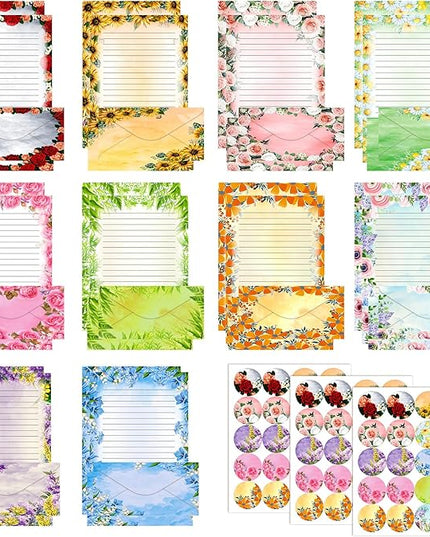 TaoBary 160 Pcs Stationery Paper Set 50 Double Sided Stationery Papers with 50 Matching Envelopes and 60 Round Dot Sticker, 10 Design(Flower,8.5 x 11 Inch)