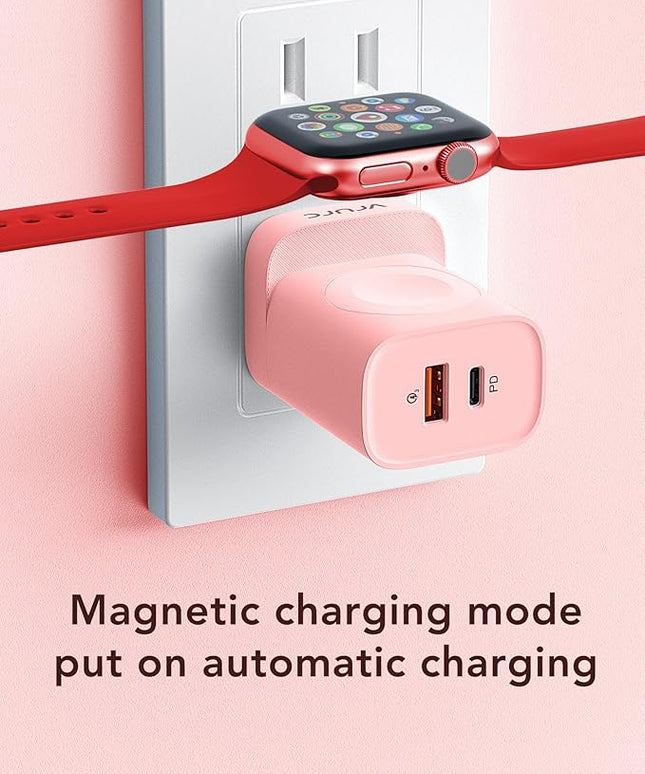VRURC Charger for iPhone & Apple Watch, 20W USB C Fast Charging Block, 3-in-1 Compact Travel Adapter with 2 Port for iPhone 17/16/15/14/13, Wireless Magnetic for iWatch SE/11/10/9/8/7/6/5/4-Pink