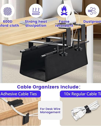 Under Desk Cable Management Tray, Clamp-On Cord Organizer，No Drilling Required, Holds Up to 22 lbs, for Cords, Routers, Power Strips (Black, 28.4inch)