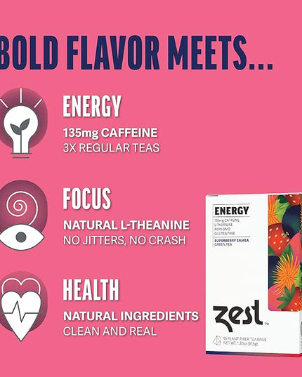 Zest Energy Green Tea - Superberry Samba - High Caffeine Strawberry, Acai, & Passion Fruit Tea - Caffeinated Coffee Altnernative with Antioxidants - Natural, Non-GMO & Keto - 15Ct Box - 135mg Caf
