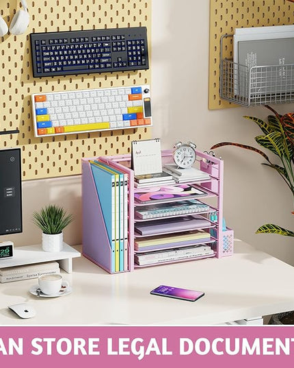 Simple Trending 6 Tier Desk File Organizer, Paper Letter Tray Organizer with File Holder and Pen Container, Pink