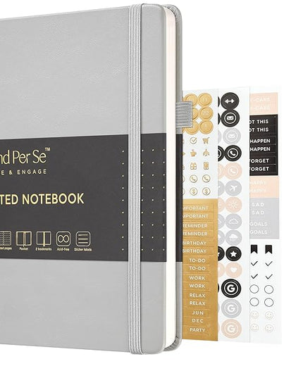 &And Per Se Dotted Journal Notebook, A5 Hardcover Leather Bullet Dotted Journal, 160 Pages 100 gsm Thick Paper, 3 Sheets of Stickers Included- 5.7'' x 8'' (Grey)