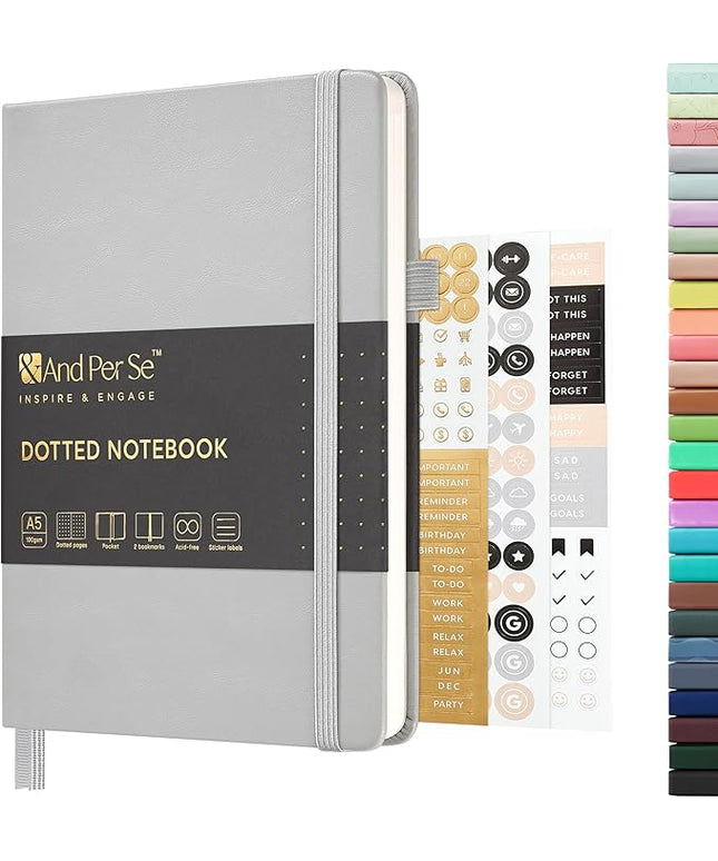 &And Per Se Dotted Journal Notebook, A5 Hardcover Leather Bullet Dotted Journal, 160 Pages 100 gsm Thick Paper, 3 Sheets of Stickers Included- 5.7'' x 8'' (Grey)