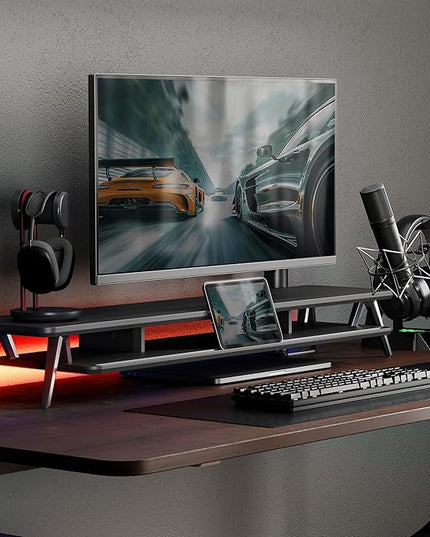 Fenge Dual Monitor Stand, Monitor Stands Riser for 2 monitors, 42.5 Inch Wood Desk Shelf with Storage Organizer and Cable Management for Office Desk Accessories