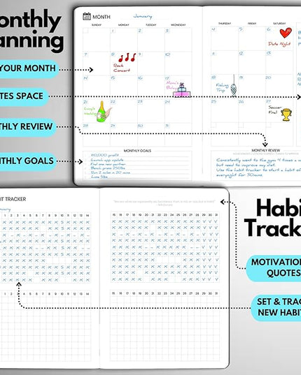 Undated Daily Planner – 6-Month A5 Productivity Organizer with Full Page Per Day, Hourly Schedule, Goal Setting, Habit Tracker, Weekly & Monthly Pages – Hardcover Time Management Notebook (Turquoise)