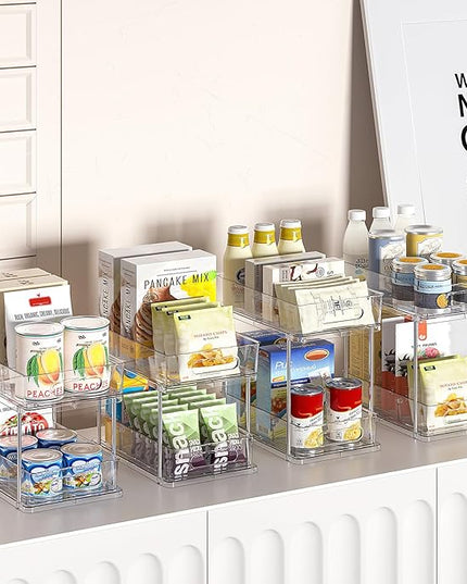 Delamu 2 Tier Snap-Lock Bathroom Under Sink Organizers and Storage, Multi-Purpose Cabinet Drawers with Movable Dividers, Pull Out Organization for Countertop, Kitchen and Pantry(Clear, 4 Pack)