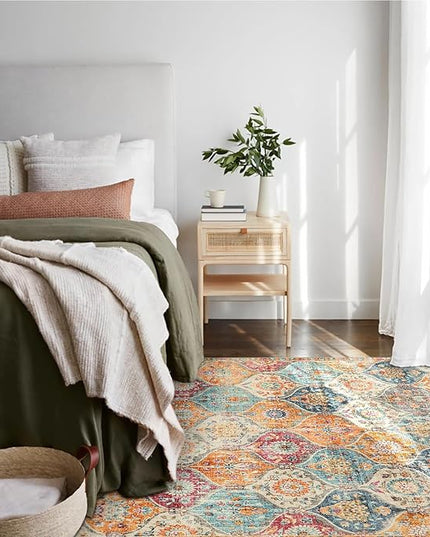 Lahome Moroccan 6x9 Rugs for Living Room, Soft Washable 6x9 Area Rug for Bedroom, Ultra-Thin Oriental Trellis Distressed Non Shedding Throw Large Carpet for Dining Room Office, Cream/Multi