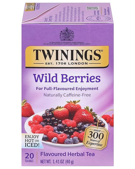 Twinings Wild Berries Herbal Tea Individually Wrapped Bags, 20 Count (Pack of 1), Full-Flavoured, Naturally Caffeine-Free, Enjoy Hot or Iced, 20 Teabags