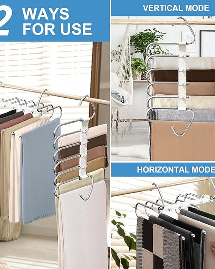 Upgrade 6 Layers Pants Hangers Space Saving, 2 Pack Non Slip Stainless Steel Multifunctional Pants Rack S-Type Pant Closet Hanger Organizer with Hooks for Pants Leggings Trousers, Antiquewhite