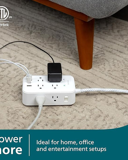 Philips Surge Protector, 8 Outlet, 2 USB-A, 1 USB-C, 17W, 3120J, Braided Cord, 6ft, White