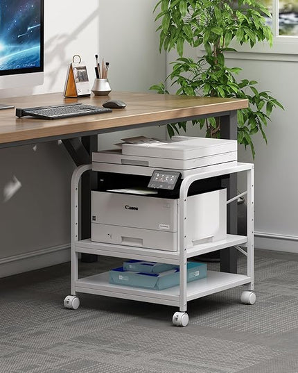 20 Inches Deep Large Printer Stand, 2 Tier Under Desk Printer Table with Height Adjustable Shelf, Rolling Printer Cart with Wheels for Home Office Storage - White