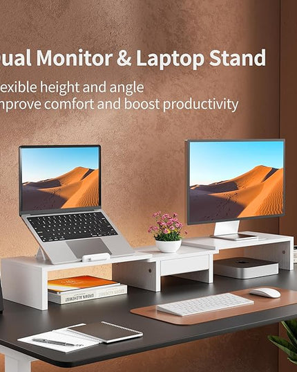 Dual Monitor Stand Riser - Computer Monitor Stand for 2 Monitors，Office Desktop Organizer，Adjustable Length and Angle 3 Shelf with Storage Drawer Phone Holder for Monitors and Laptops-White