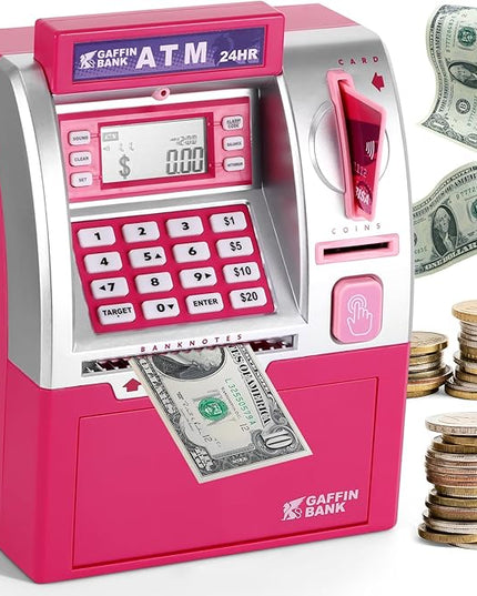 ATM Piggy Bank with Card and Password, Electronic Savings Bank Machine for Real Money, Mini ATM Coin and Cash Deposit Box with Target Setting, Clock and Sound – Pink Dollar Edition