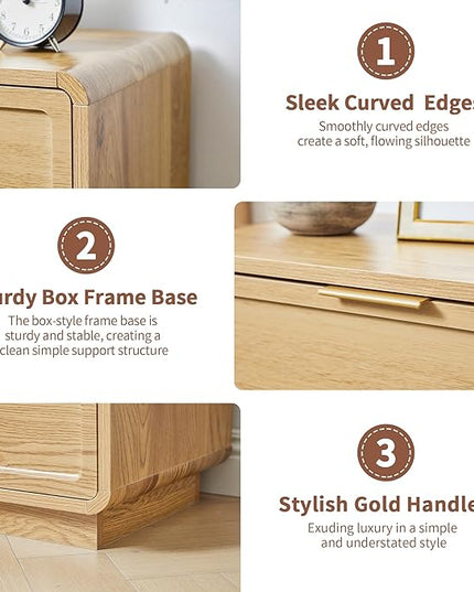 Modern Nightstand Set of 2 for Bedroom, 26'' Wide Wood 3 Drawers Bedside Table, Large Dresser w/Curved Profile Design, Side Table, End Table with Storage Drawers for Living Room, Entryway, Natural