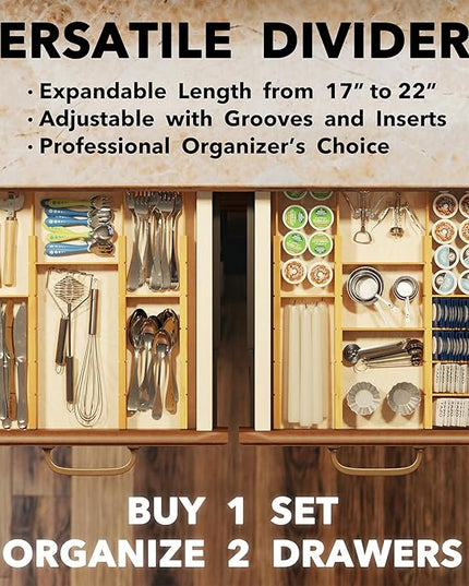 SpaceAid Bamboo Drawer Dividers with Inserts and Labels, Kitchen Adjustable Drawer Organizers, Expandable Organization for Home, Office, Dressers, 7 Dividers with 15 Inserts (17"-22" Natural)