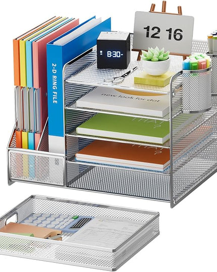 Marbrasse Desk Organizer with File Holder, 5-Tier Paper Letter Tray Organizer with Drawer and 2 Pen Holder, Mesh Desktop Organizer and Storage with Magazine Holder for Office Supplies (Silver)