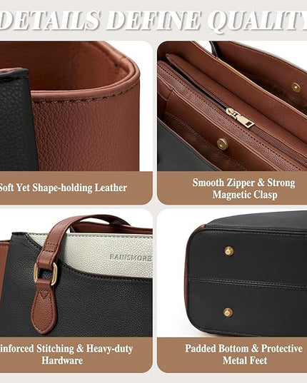 RAINSMORE Laptop Bag for Women 15.6 Inch Work Tote Bags Waterproof Computer Bags Leather Professional Laptop Purse Womens Laptop Briefcase Large Handbag for Office Teacher Travel, Black Brown White