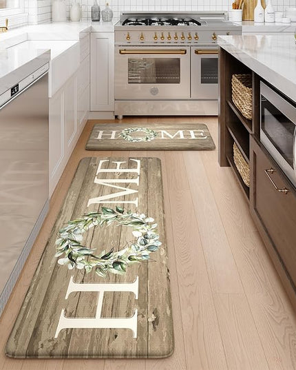 KIMODE Kitchen Mats Cushioned Anti Fatigue, 17"x47"+17"x29" Farmhouse Kitchen Rugs Sets of 2, Non Slip Kitchen Mats for Floor, Padded Kitchen Floor Mats for Sink, Laundry, Desk Khaki
