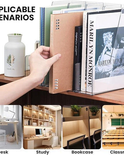 Vertical Magazine File Holder, Clear File Organizer Desk Organizer and Storage Bins Holding for Magazines, Binders, Notebooks, Envelopes, Plastic Office Organization and Storage for Desk, 4 pack