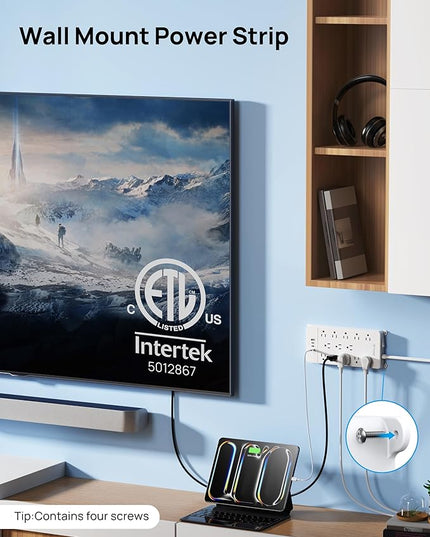 TROND 360° Rotating Flat Plug, Surge Protector Power Strip, 13AC Widely Spaced Outlets Expansion with 3 USB C Ports, 4000J, 10ft Extension Cord Heavy Duty, Wall Mount, Under Desk, ETL Listed, White