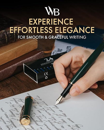 Wordsworth & Black Fountain Pen Set, 18K Gilded Fine Nib, Includes 24 Pack Ink Cartridges, Ink Refill Converter & Gift Box, Gold Finish, Calligraphy, [Racing Green], Perfect for Men & Women