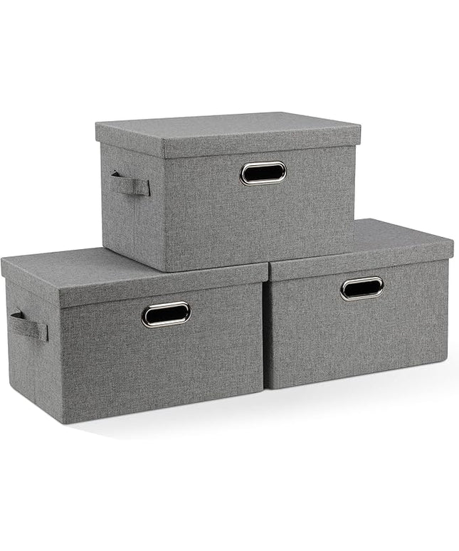 Medium 15" 21 Quart Collapsible Stackable Storage Bins with Lids, 3 Packs Grey Foldable Fabric Closet Boxes Heavy-duty Linen Cube Baskets Container for Bedroom Office (15 x 11 x 8)