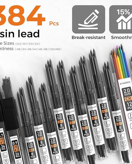 35Pcs Art Mechanical Pencil Set with Case, 0.5 0.7 0.9 2.0 Graphite Metal Drawing Drafting Pencils, Sharpener Erasers 384PCS Lead Refills (6B 4B 2B HB 2H 4H Colors)Pencils for Writing Sketching,Silver