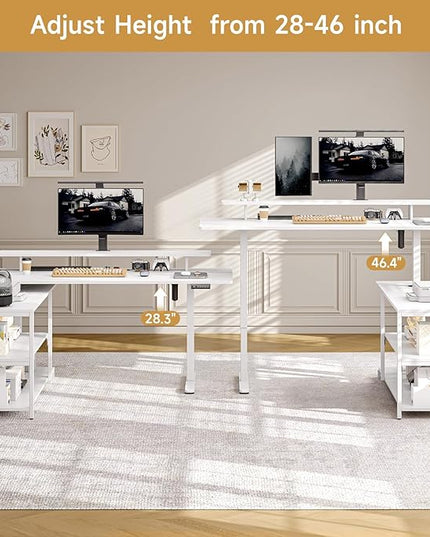 ONBRILL L Shaped Standing Desk with File Cabinet, 63x24'' Electric Stand Up Desk with Monitor and Storage Shelf, Adjustable Height 28-46'' for Home and Computer Workstation, White