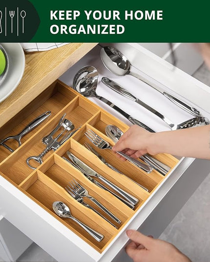 ROYAL CRAFT WOOD Luxury Bamboo Utensil Rack and Silverware Organizer, Kitchen Drawer Organizer - Utensil Holder and Cutlery Tray with Grooved Drawer Dividers for Flatware 7 Slot, Natural