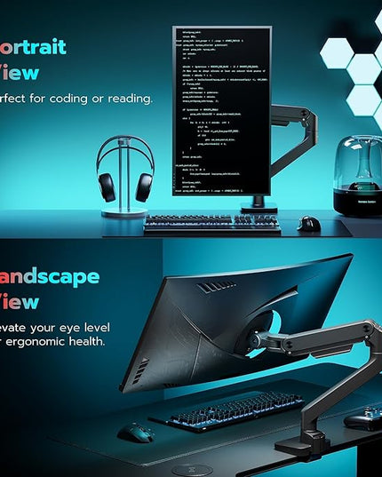 ARES WING Ultrawide Monitor Arm for 17 to 49 Inch Heavy Duty Curved Screen, Holds 44 Lbs, Adjustable Gas Spring Monitor Arm Desk Mount with C Clamp, Grommet Base, 75/100 Vesa Mount, Black