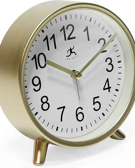 Infinity Instruments Tabletop Alarm Clock Decorative Cute 5.75 inch Face Modern Round Analog Easy-to-Read Matte Gold Small
