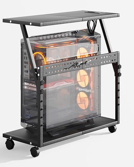 24In Large PC Stand, 5 Levels Height Adjustable Computer Tower Stand with Charging Station, Wheels and Hooks, CPU Holder Cart for Floor, Carpet and Under Desk, Easy Assembly（with Power Strips）