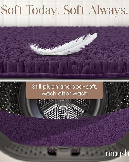 MAYSHINE Plush Shaggy Chenille Bath Mat | Extra Soft, Super Absorbent, Non-Slip Bathroom Rug | Fluffy Microfiber, Area Rug Sets for Bathroom Floor, Kitchen, Living Room | 47"x27" | Plum