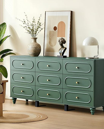 9 Drawer Fluted Dresser for Bedroom, Mid Century Modern Chest of Drawers, Wood Storage Small Dresser Organizer for Bedroom Living Room Hallway Closet, Green