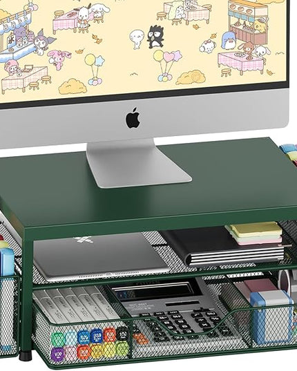 OPNICE Desk Organizers and Accessories, 2-Tier Computer Monitor Stand Riser with Drawer and 2 Pen Holders, Laptop Stand, Office Desk Accessories for Office Supplies, Dark Green