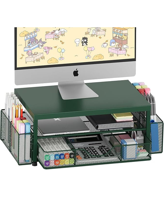OPNICE Desk Organizers and Accessories, 2-Tier Computer Monitor Stand Riser with Drawer and 2 Pen Holders, Laptop Stand, Office Desk Accessories for Office Supplies, Dark Green