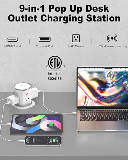 Jgstkcity Pop Up Outlet for Countertop 3.15-inch Desk Wire Hole Insert,9-in-1 Power Strip with 15W Wireless Charger,4 Outlets 4 USB Ports,15Amp Tamper Resistant Receptacle, ETL Listed