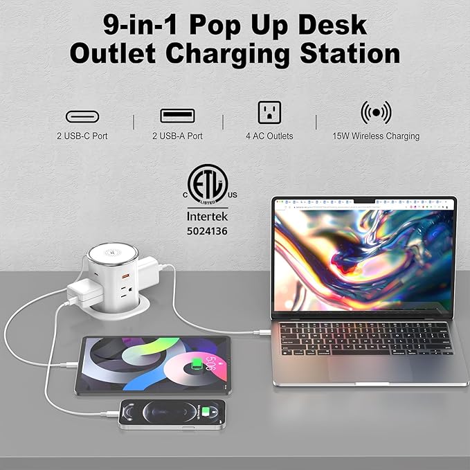 Jgstkcity Pop Up Outlet for Countertop 3.15-inch Desk Wire Hole Insert,9-in-1 Power Strip with 15W Wireless Charger,4 Outlets 4 USB Ports,15Amp Tamper Resistant Receptacle, ETL Listed