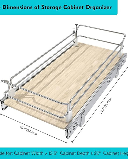 Pull Out Cabinet Organizer 11" W X 22" D, Slide Out Drawers For Kitchen Organizers and Storage, Pull Out Drawers For Cabinets Capacity Heavy Duty Caddy, Cabinet Shelves Wood Chrome, Pantry Storage