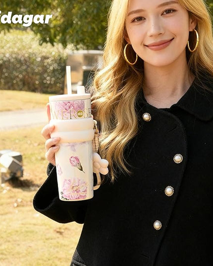 24 oz Stainless Steel Tumbler with Lid and Straw, Insulated Coffee Mug, Leak Proof, Portable Iced Travel Water Bottle, Reusable Thermal Coffee Cup, Floral White