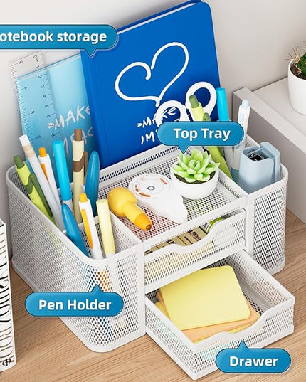 Marbrasse Mesh Desk Organizer, Pen Organizer with 2 Drawer, Multi-Functional Pencil Holder, Desk Organizers and Accessories with 5 Compartments + Drawer for Office Art Supplies (White)