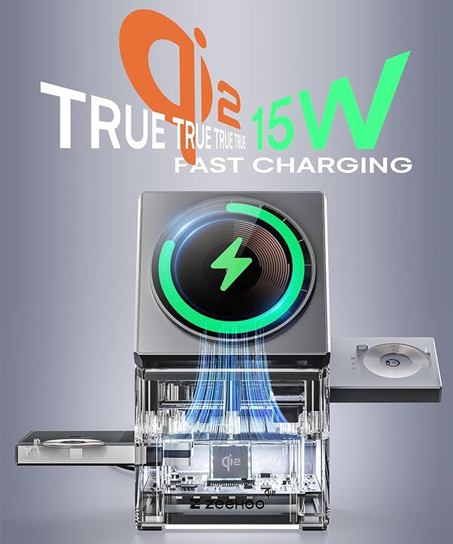 ZEEHOO 3 in 1 Charging Station for Apple, iPhone Mag-Safe Charger, Qi2 Certified, Rotating Wireless Charger Stand for iPhone 17,16,15,14,13,12 Series, Apple Watch, AirPods (USB-C Charger Included)